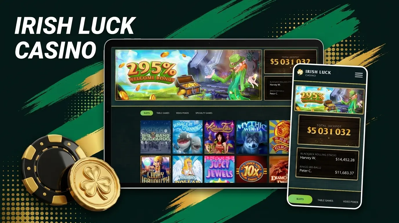 Rainbow over green hills with a pot of gold, clovers and casino chips