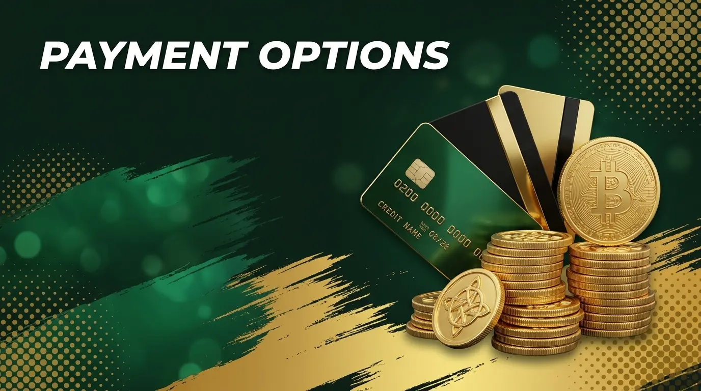 Payment options banner with cards, Bitcoin coin and gold coins