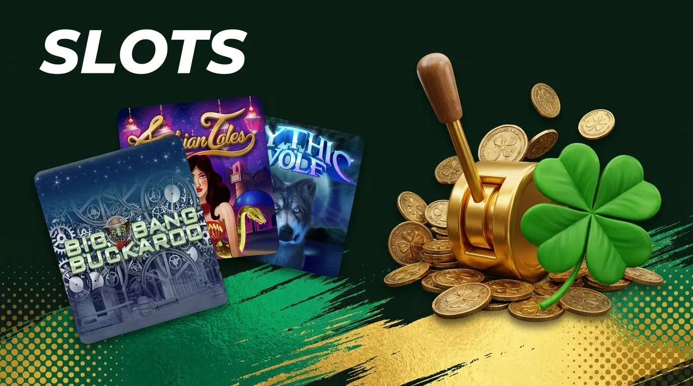 Golden slot machine with clovers and coins