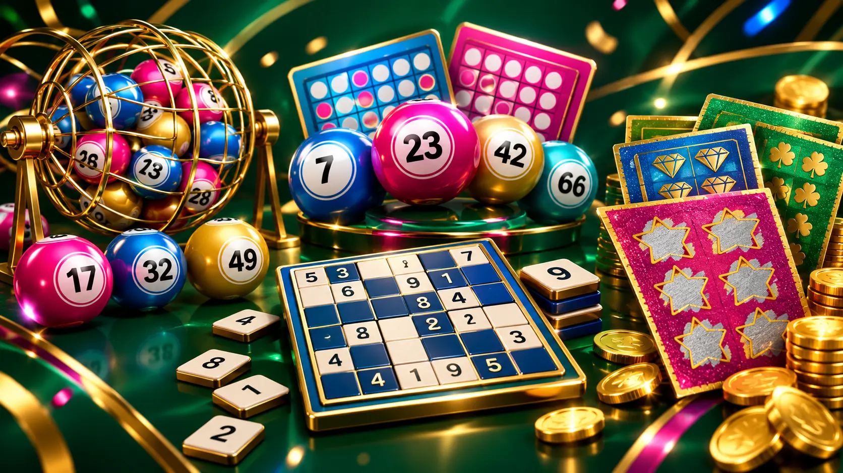 Keno and bingo balls with gold coins