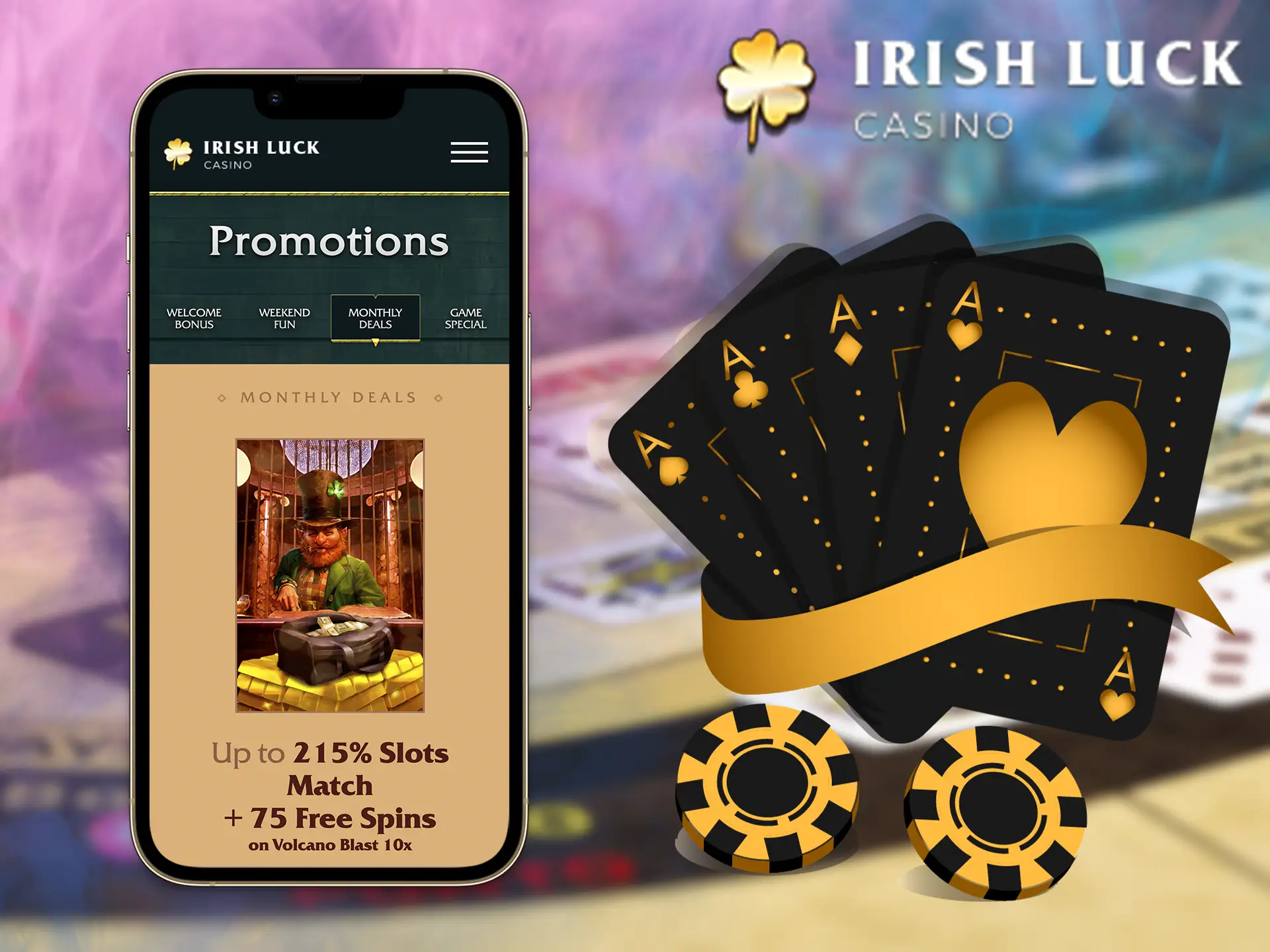 Spin the wheel for free, get up to 50 tries on the IrishLuck platform.